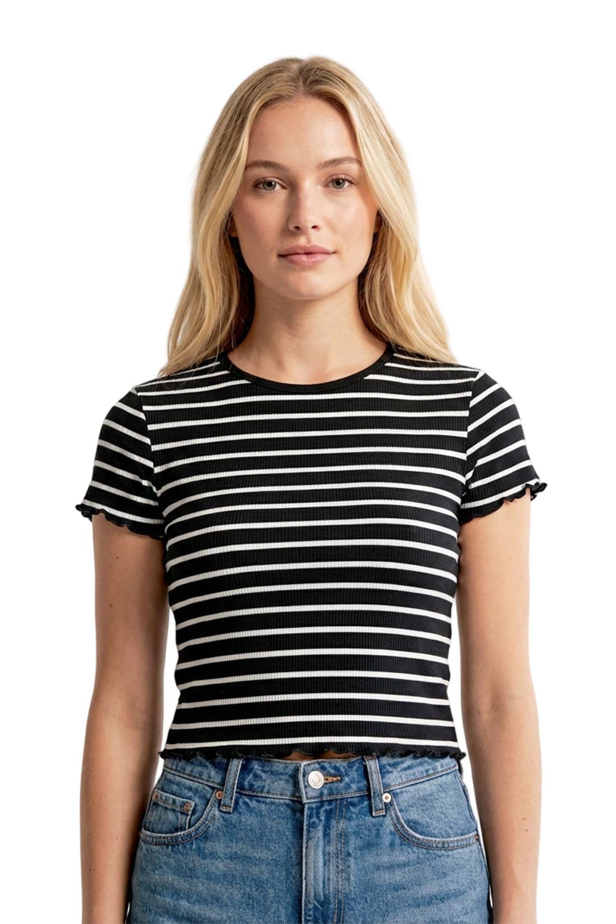 Women's Short Sleeve Ribbed Stripe Lettuce Hem Top