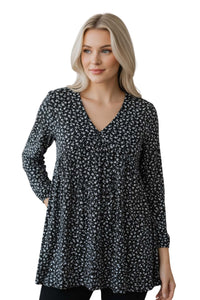 Women's V Neck Long Sleeve Ditsy Babydoll Tunic