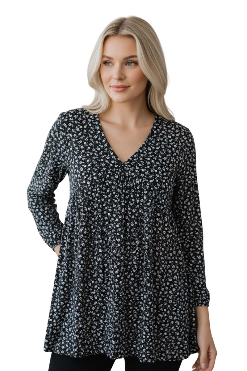Women's V Neck Long Sleeve Ditsy Babydoll Tunic