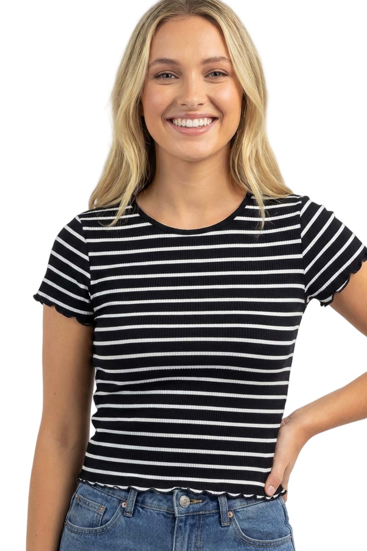 Women's Short Sleeve Ribbed Stripe Lettuce Hem Top