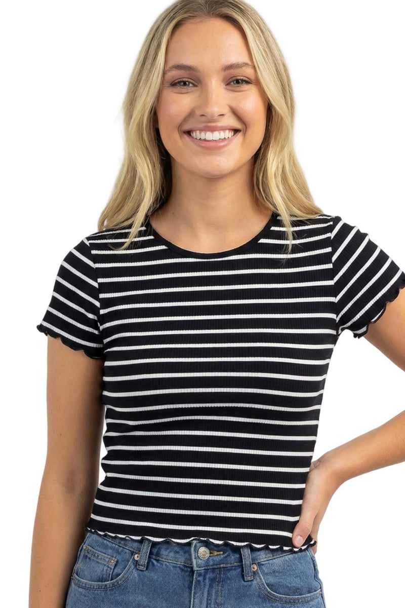Women's Short Sleeve Ribbed Stripe Lettuce Hem Top