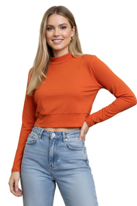 Women's Long Sleeves Mock Neck Solid Crop Top