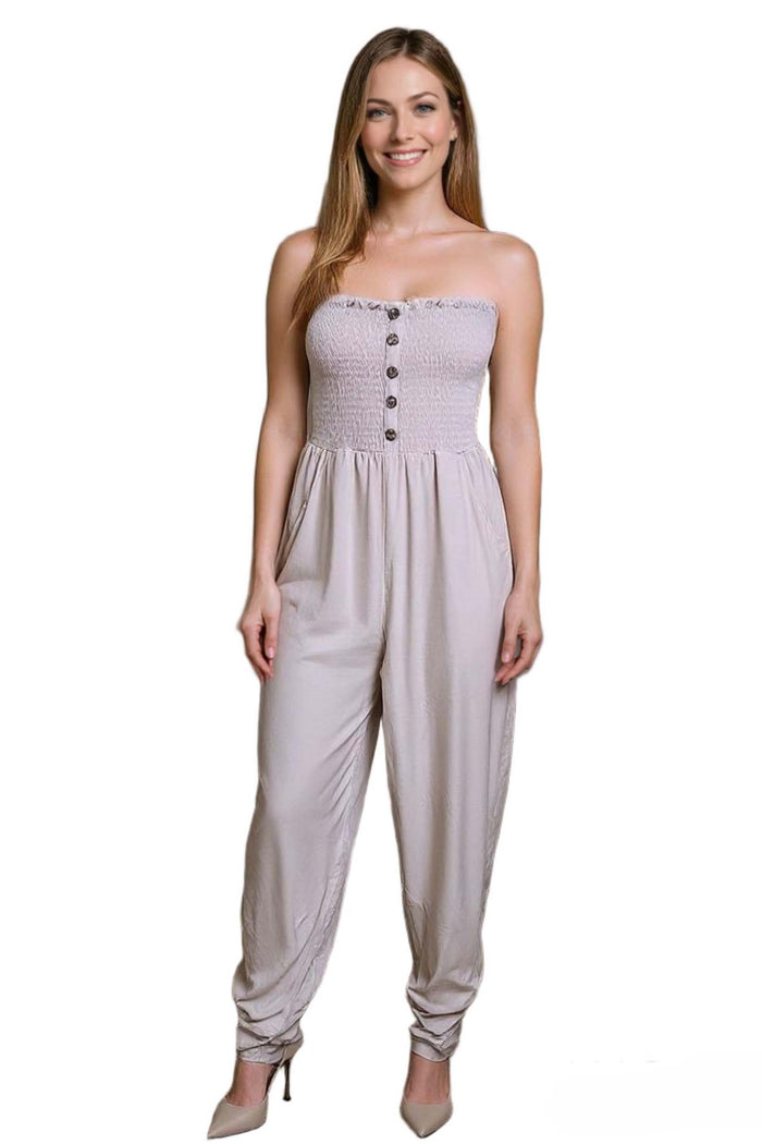 Women's Tube Smocked Button Front Pocket Jumpsuit