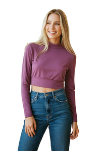 Women's Long Sleeves Mock Neck Solid Crop Top