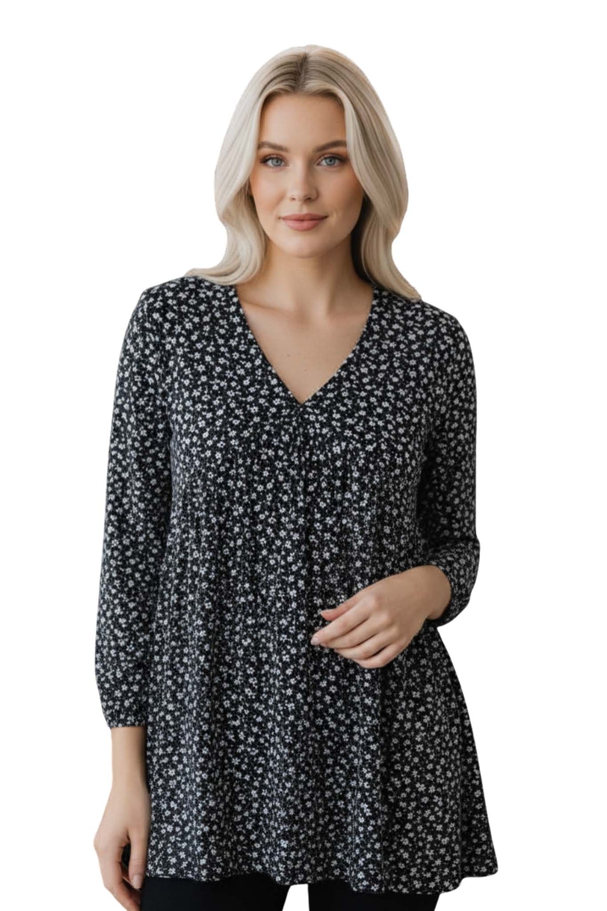 Women's V Neck Long Sleeve Ditsy Babydoll Tunic