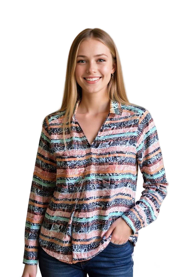 Women's Long Sleeves V Neck Printed Pocket Hi Lo Top