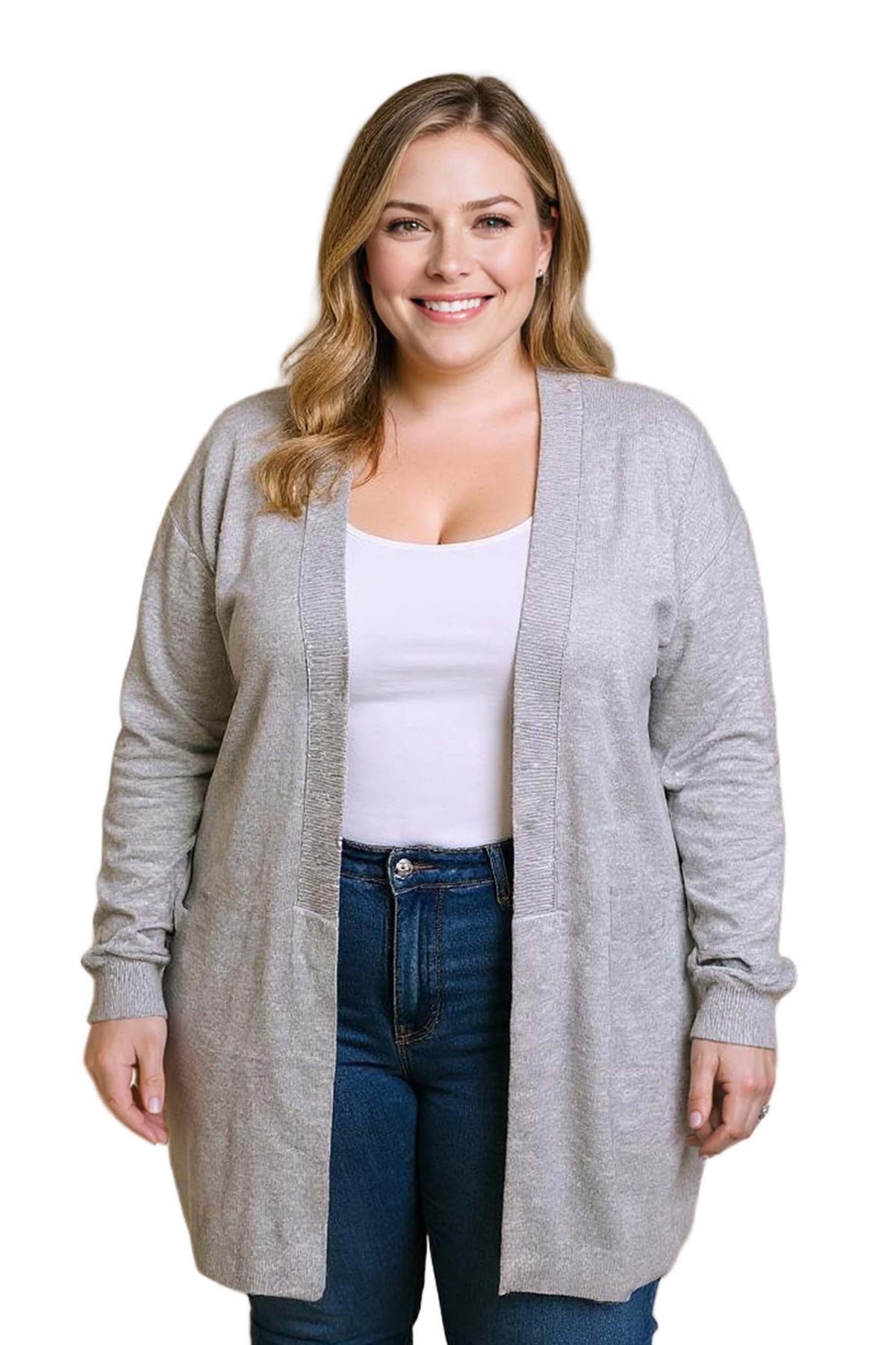 Women's Plus Long Sleeves Open Front Ribbed Cardigan