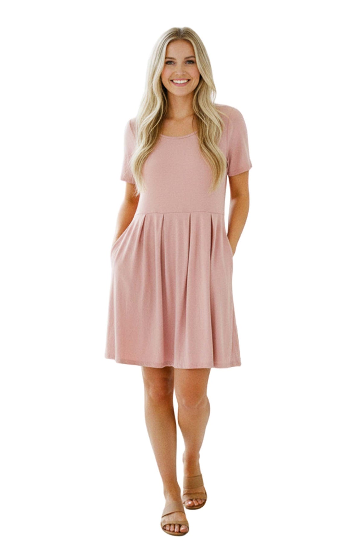 Women's Short Sleeve Pleated Mini Dress with Pockets