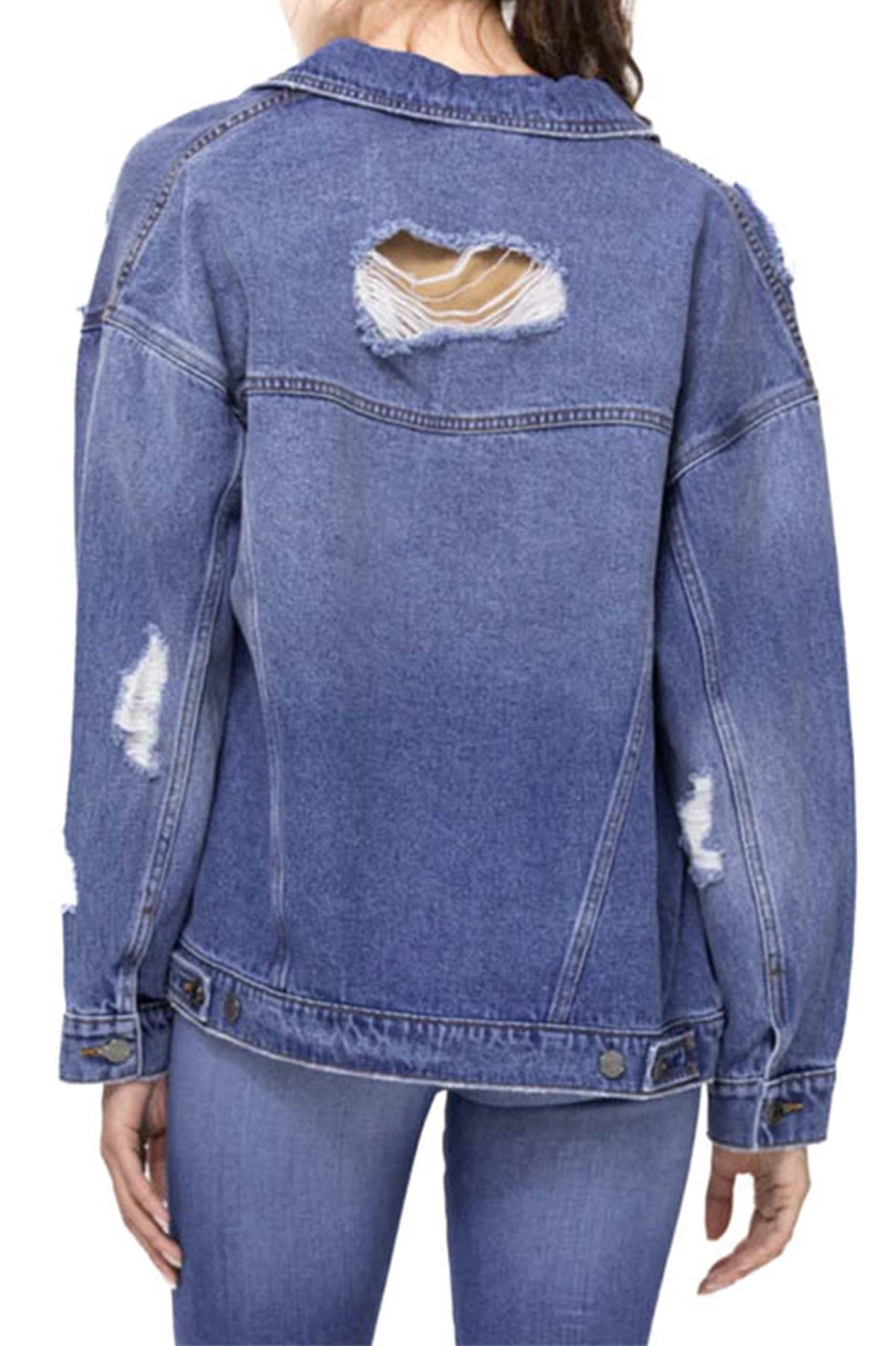 Women's Long Sleeve Oversized Distressed Denim Jacket