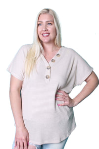 Women's Plus Size Short Sleeve V Neck Henley Top with Button Detail