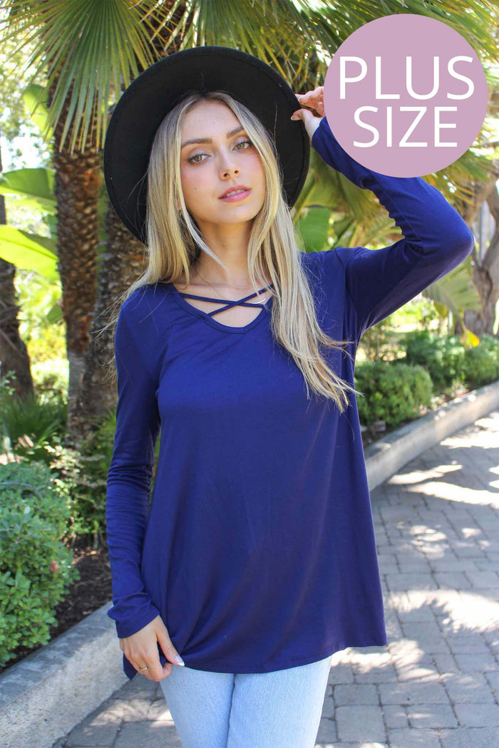 Women's Plus Solid Longsleeve Top with Criss Cross Front