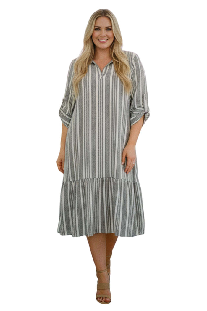 Women's Plus Long Sleeve Roll Up Stripe Midi Dress