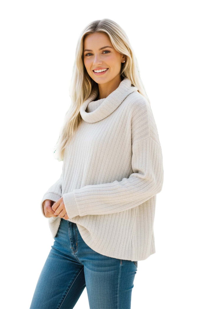 Women's Long Sleeve Cowl Neck Ribbed Knit Textured  Sweater