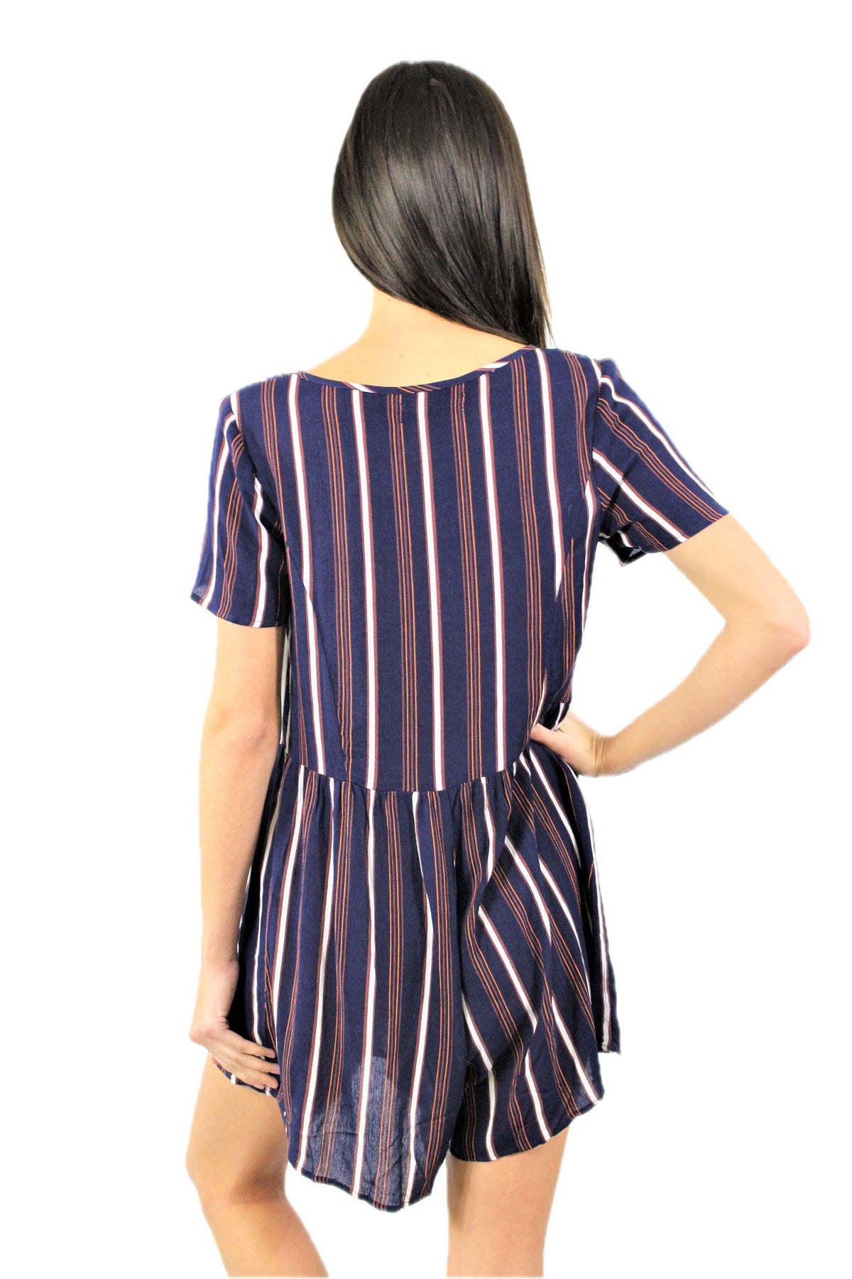 Women's Short Sleeve Button Front Stripe Romper