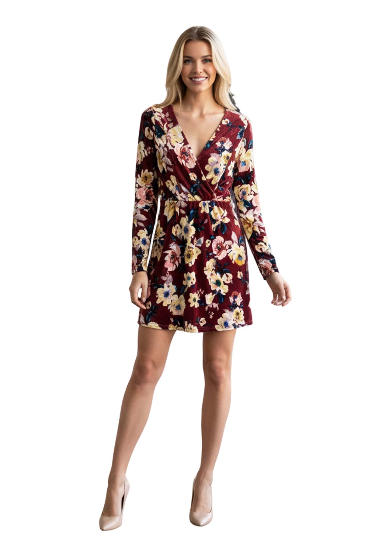 Women's Long Sleeves Faux Wrap Floral Mini Dress