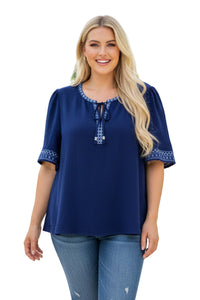 Women's Plus Short Sleeve Drawstring Lace Embroidered Trim Blouse