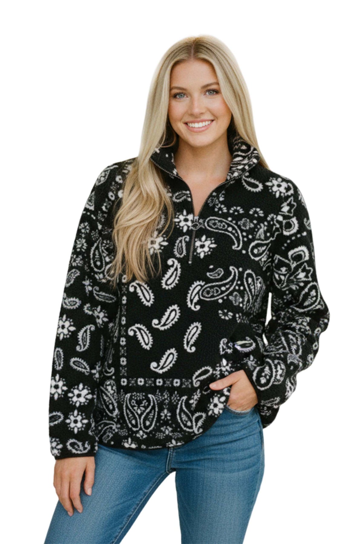 Women's Long Sleeve Fleece Paisley Quarter Zip Sweater