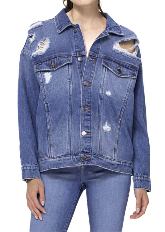 Women's Long Sleeve Oversized Distressed Denim Jacket