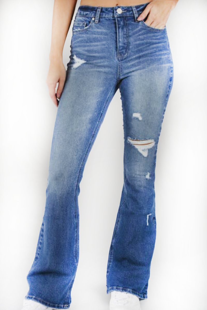 Women's High Waist Flare Hem Tattered Jeans