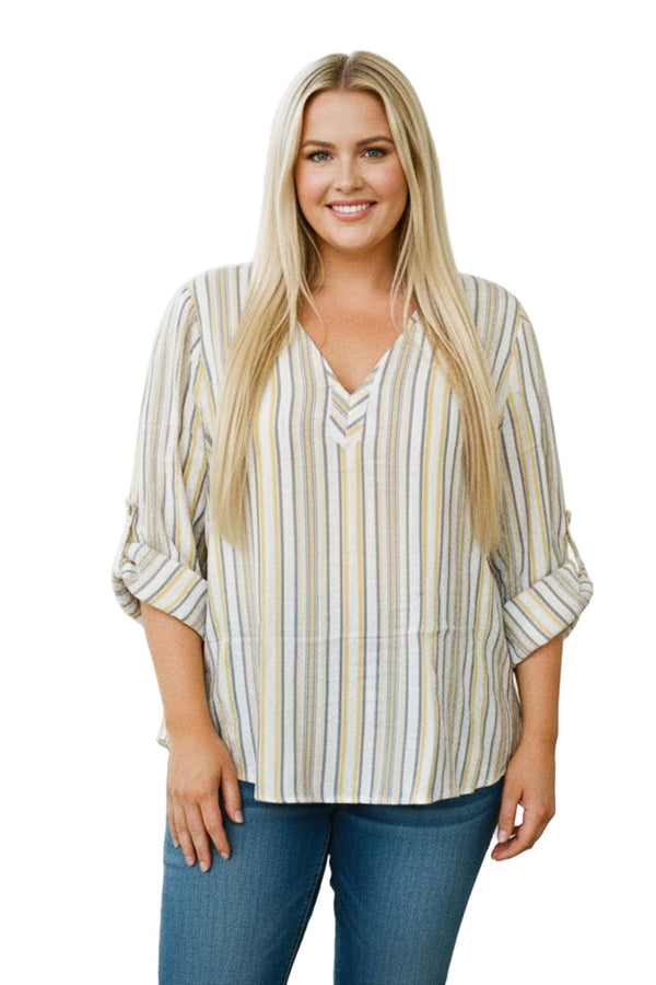 Women's Plus Long Sleeves Split Neck Stripe Top