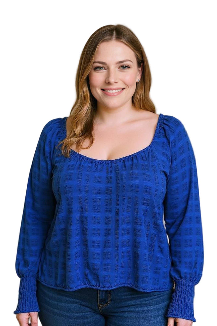Women's Plus Long Sleeves Textured Woven Peasant Smock Top