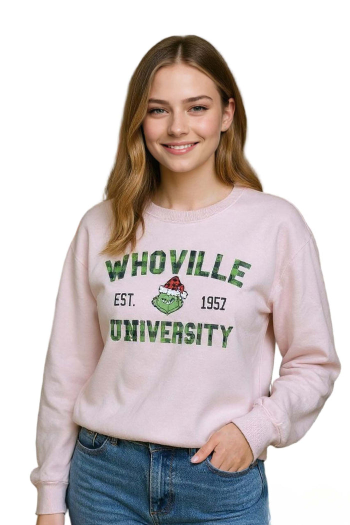 Women's Long Sleeve Raw Hem Grinch Christmas Sweater