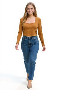 Women's Long Sleeves Square Neck Knit Solid Top