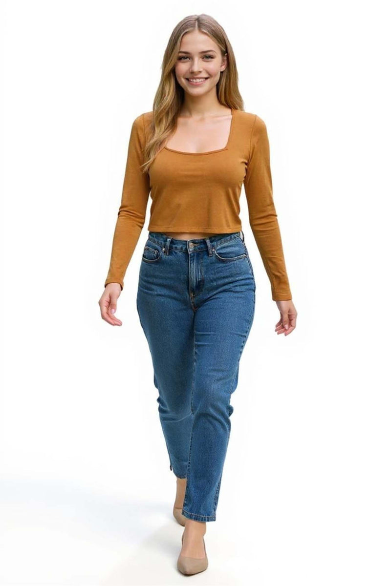 Women's Long Sleeves Square Neck Knit Solid Top