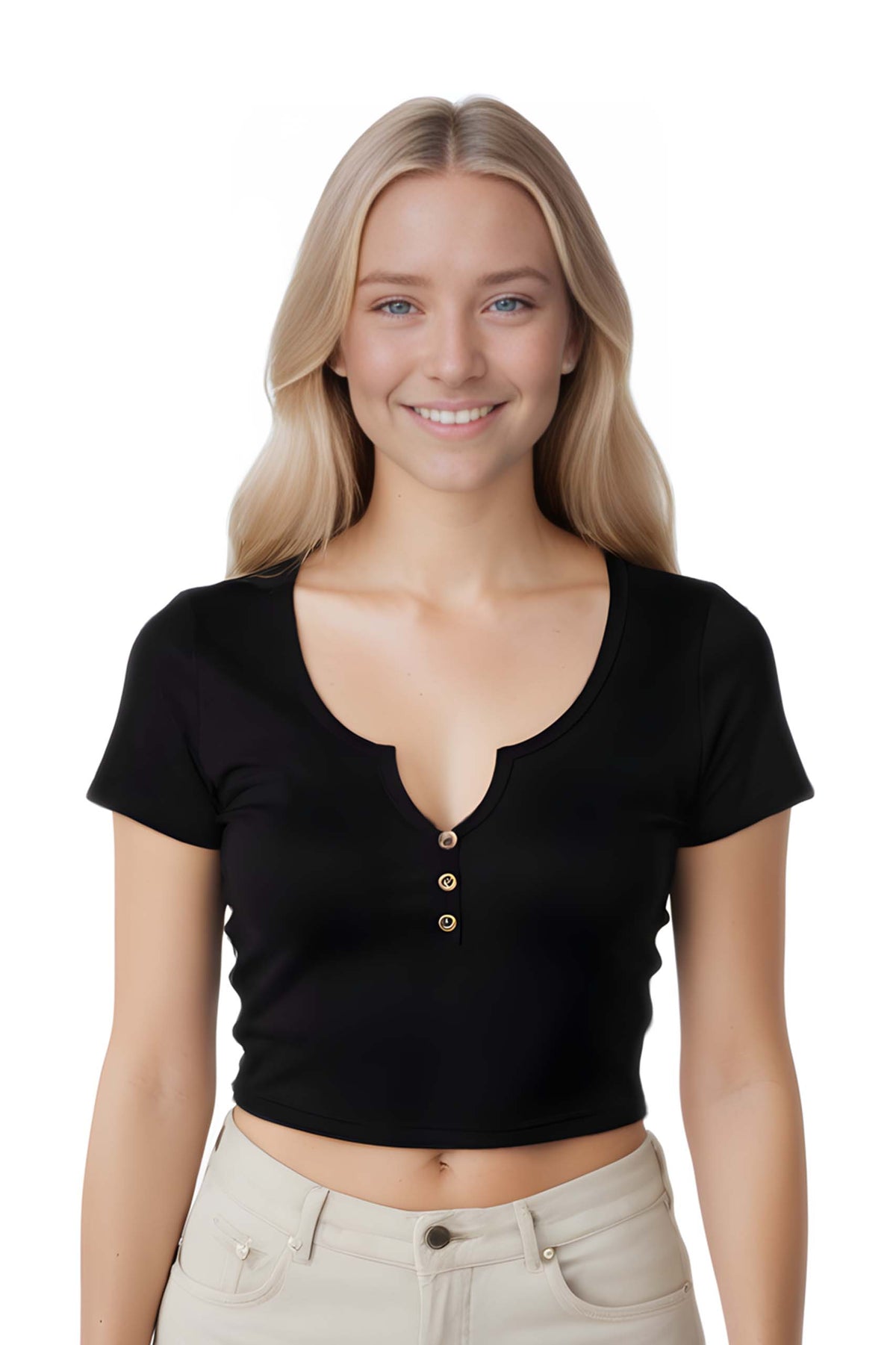 Women's Short Sleeve Split Neck Henley Ribbed Top
