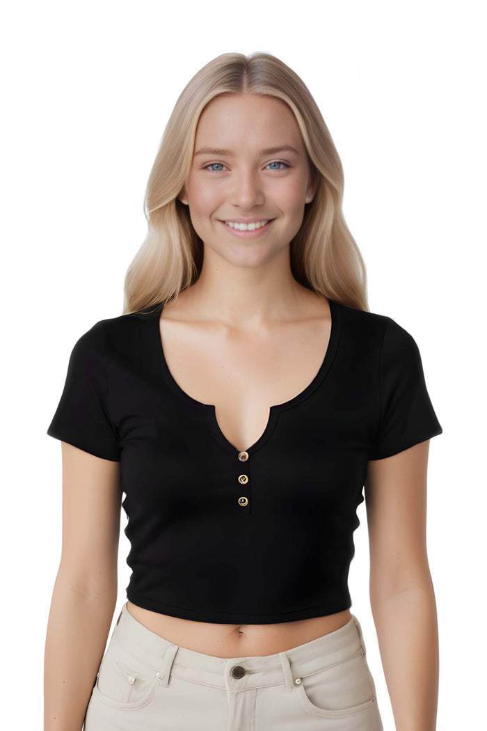 Women's Short Sleeve Split Neck Henley Ribbed Top