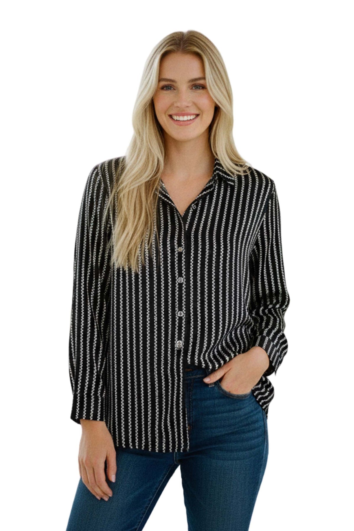 Women's Long Sleeves Vertical Stripe Button Down Top