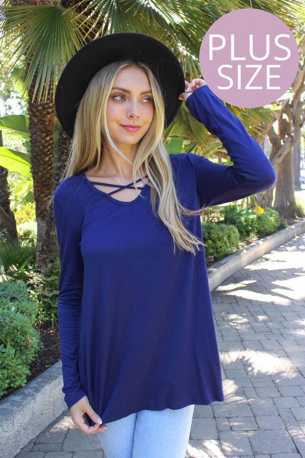 Women's Plus Solid Longsleeve Top with Criss Cross Front