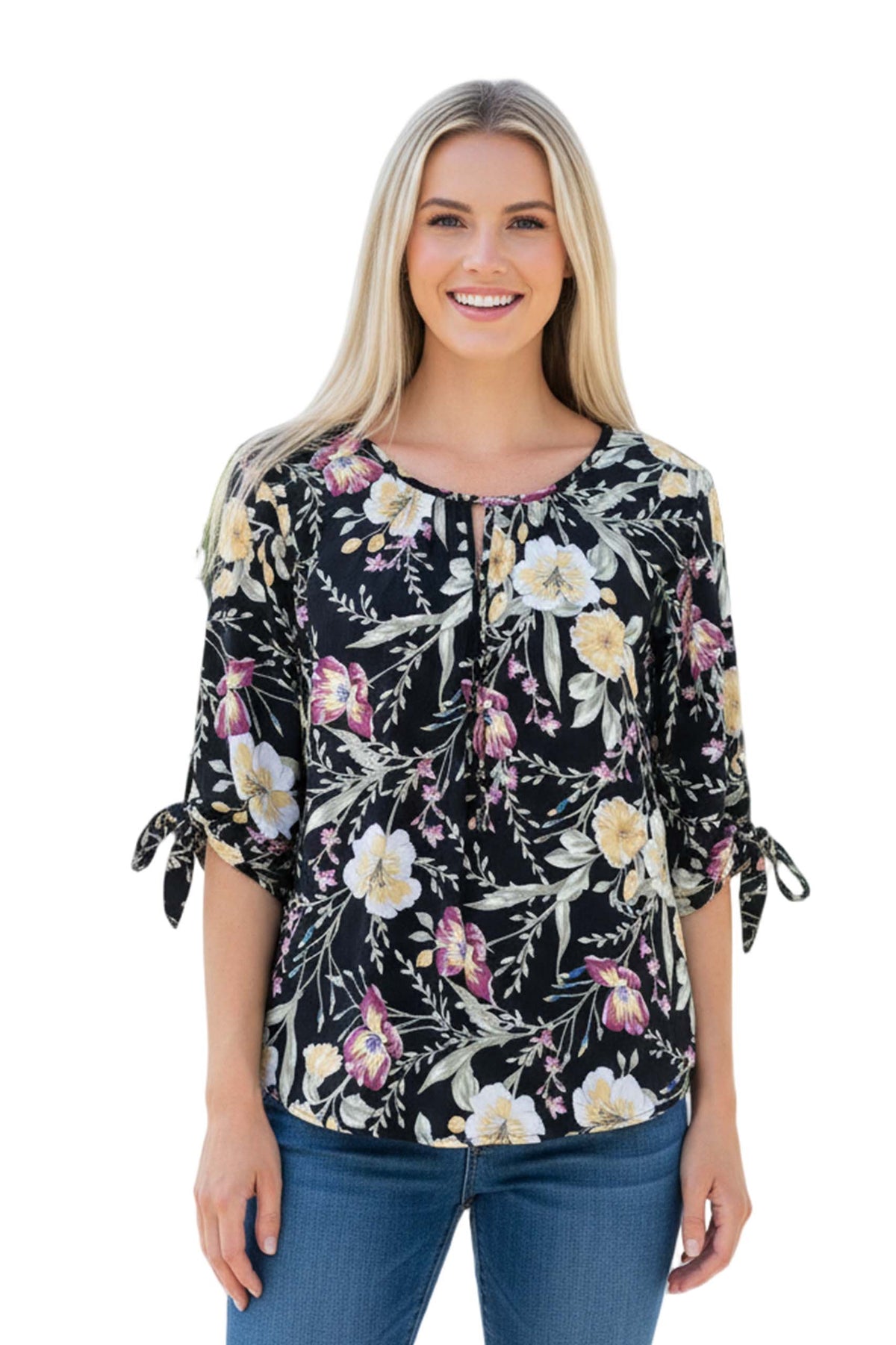 Women's Half Sleeve Round Neck Tie Floral Peasant Blouse