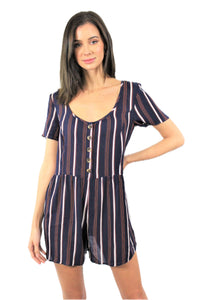 Women's Short Sleeve Button Front Stripe Romper