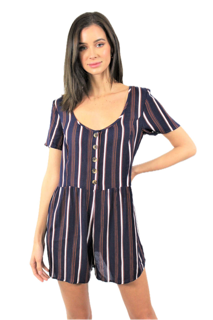 Women's Short Sleeve Button Front Stripe Romper