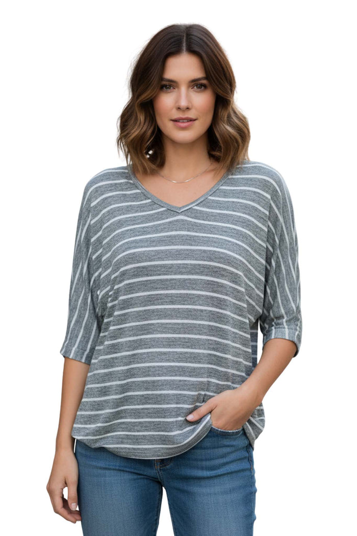 Women's  V Neck 3/4 Sleeve Stripes Top