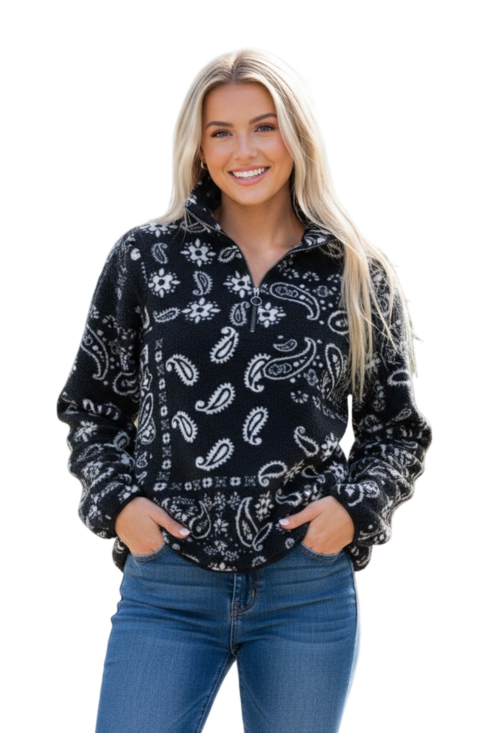 Women's Long Sleeve Fleece Paisley Quarter Zip Sweater – Good