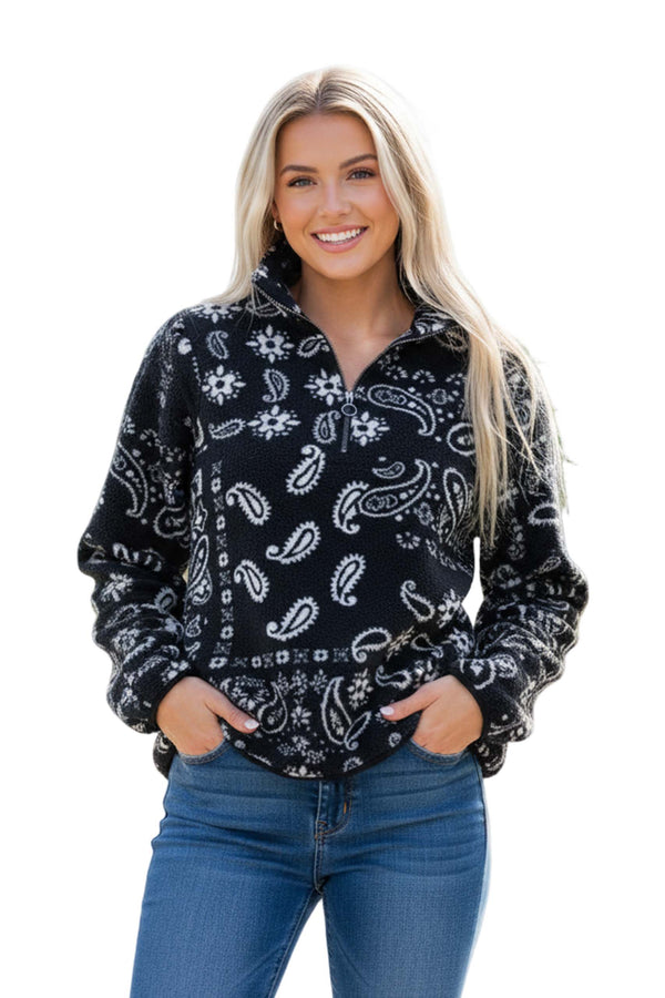 Women's Long Sleeve Fleece Paisley Quarter Zip Sweater