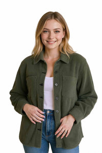 Women's Long Sleeve Button Down Pocketed Teddy Sherpa Shacket
