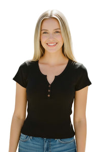 Women's Short Sleeve Split Neck Henley Ribbed Top