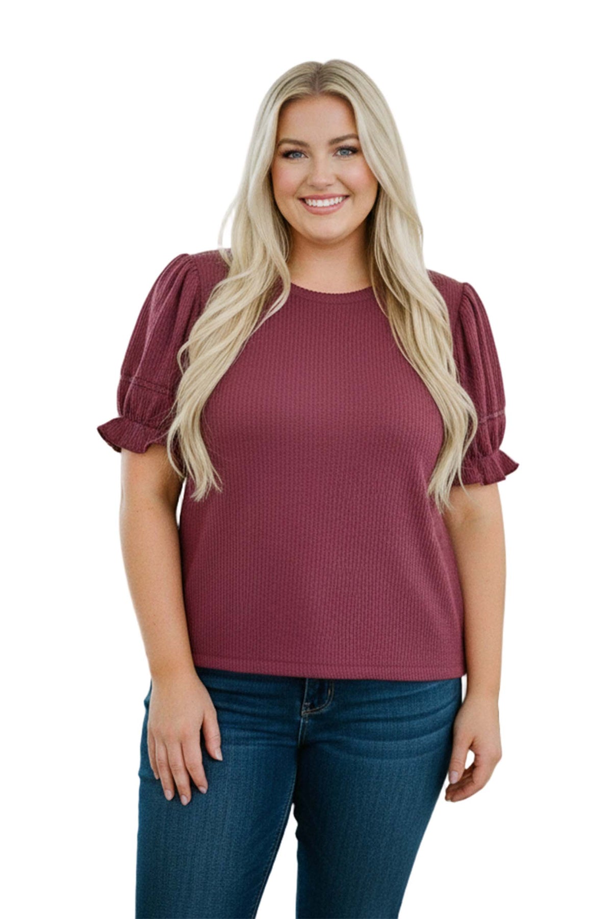 Women's Plus Short Puff Sleeve Ribbed Frilled Trim Knit Top