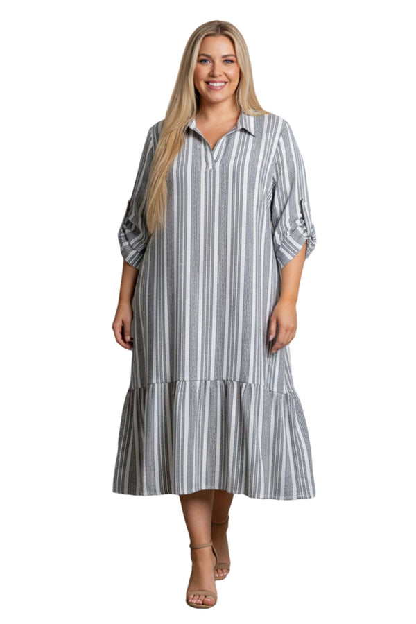 Women's Plus Long Sleeve Roll Up Stripe Midi Dress