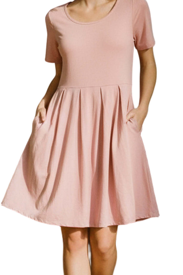 Women's Short Sleeve Pleated Mini Dress with Pockets