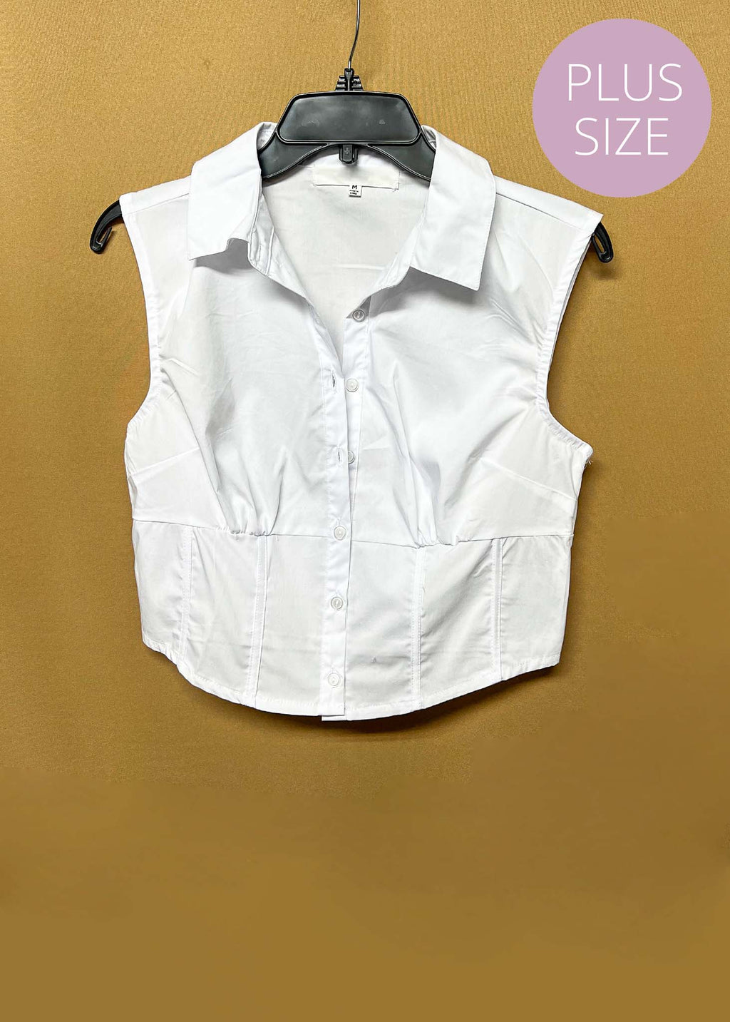 Women's Plus Sleeveless Collared Button Down Solid Crop Top