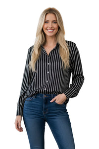 Women's Long Sleeves Vertical Stripe Button Down Top