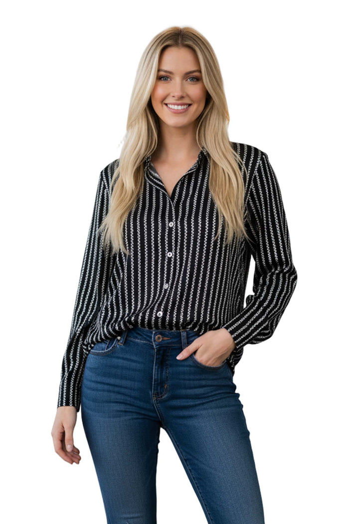 Women's Long Sleeves Vertical Stripe Button Down Top