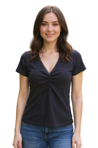 Women's Short Sleeve Lace V-Neck Ribbed Crop Top