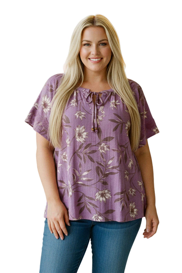 Women's Plus Short Sleeve Drawstring V Neck Print Lace Trim Top