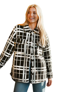 Women's Long Sleeve Button Down Pocket Fleece Plaid Shacket