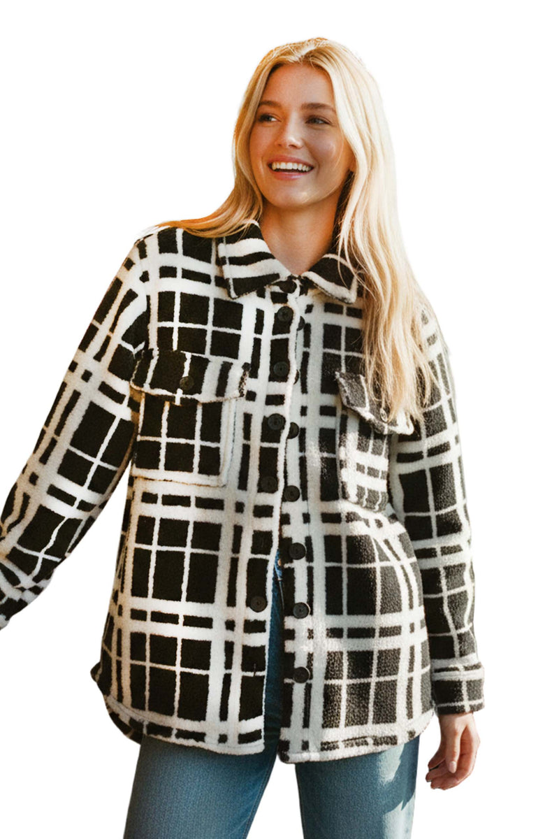 Women's Long Sleeve Button Down Pocket Fleece Plaid Shacket